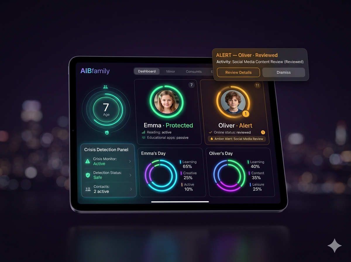 AIBfamily parent dashboard showing real-time AI safety alerts and crisis detection for children ages 4-15