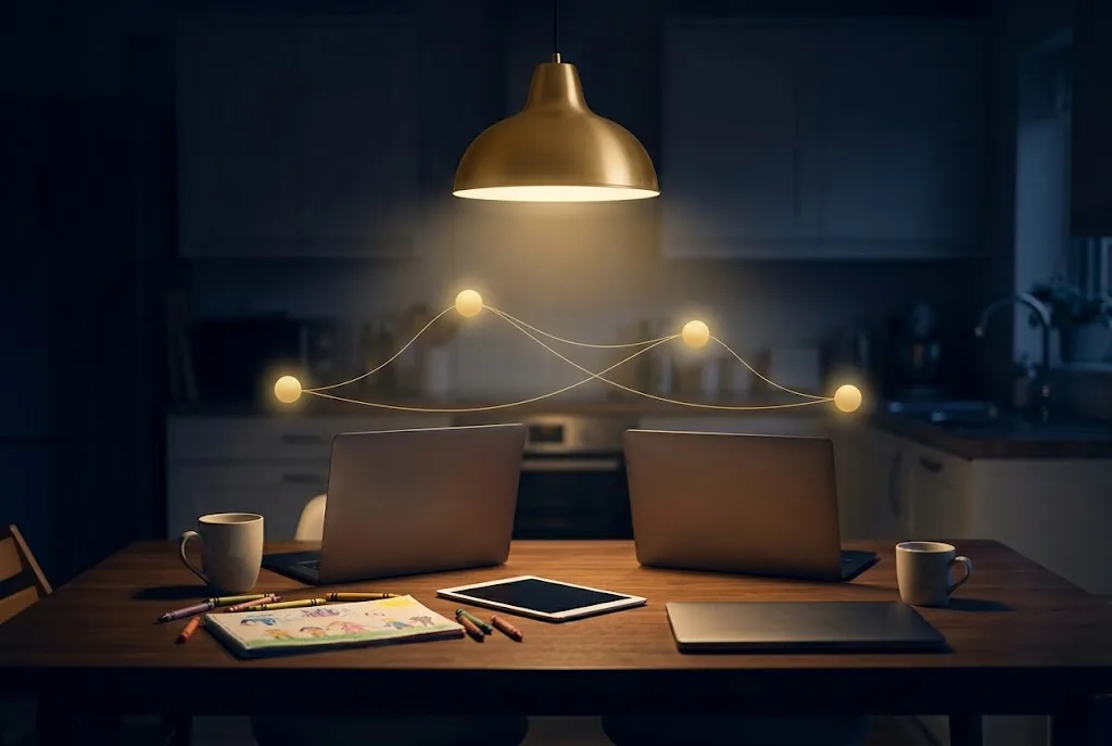 A family kitchen table at night under a warm lamp, with a soft golden network above it
