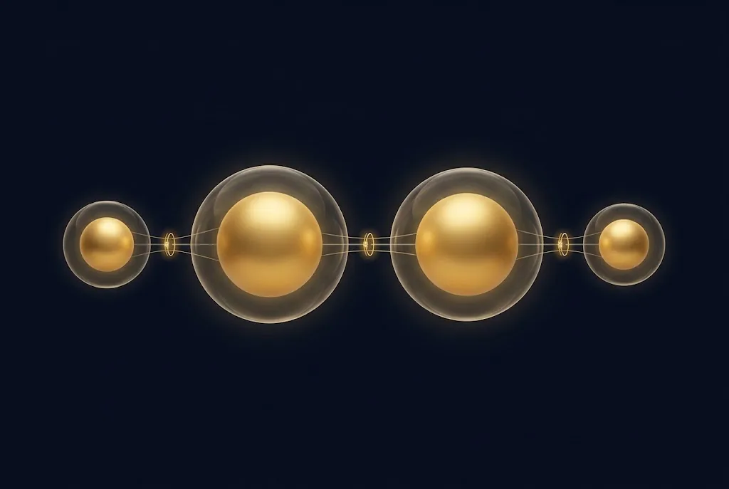 Four golden spheres, each in its own shell, linked only through small gates